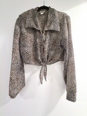 Vintage Leopard Print Tie-Front Blouse